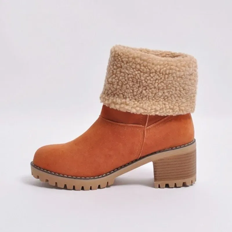 Autumn and Winter Fashion New Casual Comfortable Plus Veet Warm Square Heel Round Toe Solid Color Women's Ankle_voghion.com