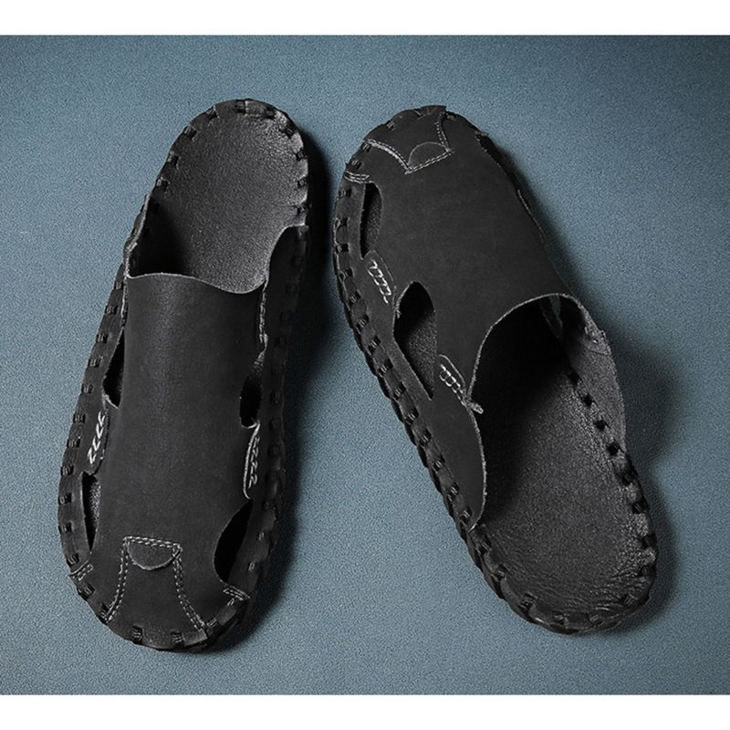 Baotou Herren Sommer Strandsandalen Leder rutschfeste Slipper Fauler Mann ohne Absatz Halbschuhe_voghion.com