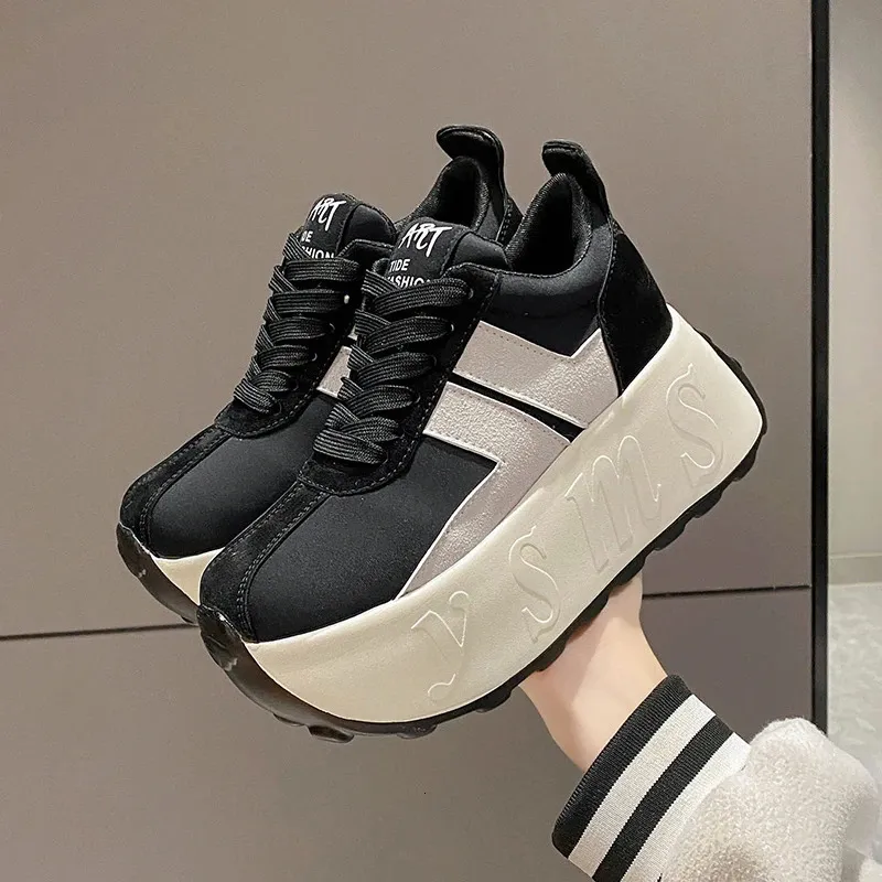 Scarpe sportive casual da donna con tacco alto da 7,5 cm, con zeppa e plateau, in pelle, bianche, comode e robuste_voghion.com