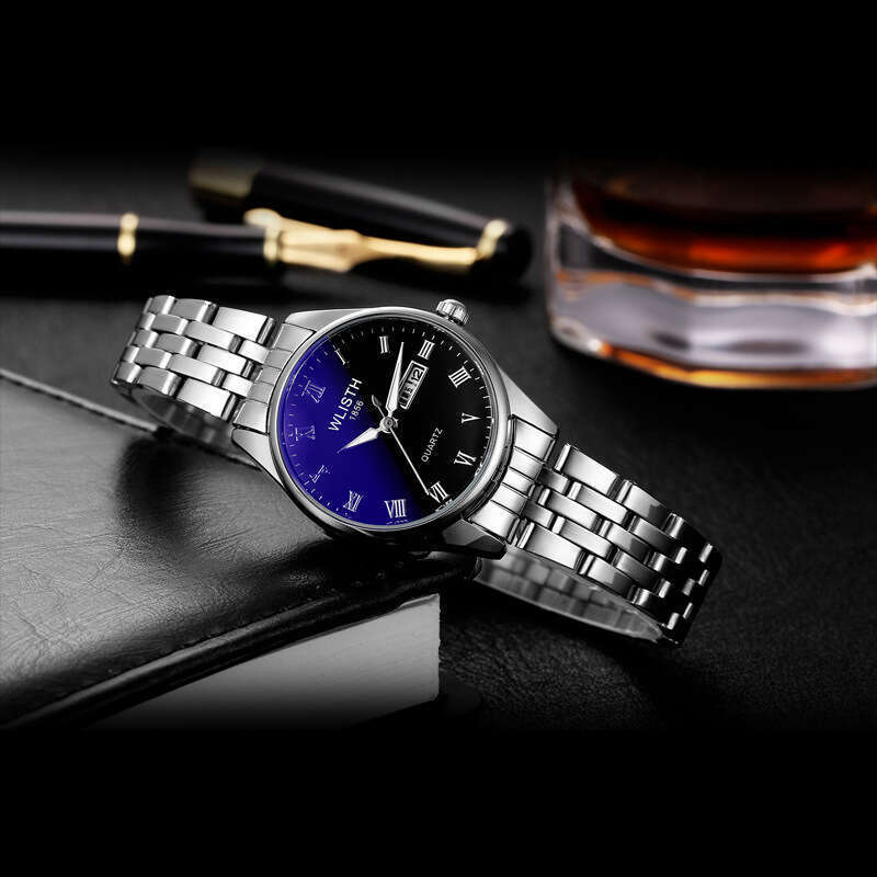 Wallace Paar Dual Kalender Quarz Mode Blue Ray Herren- und Damenuhr Batch_voghion.com