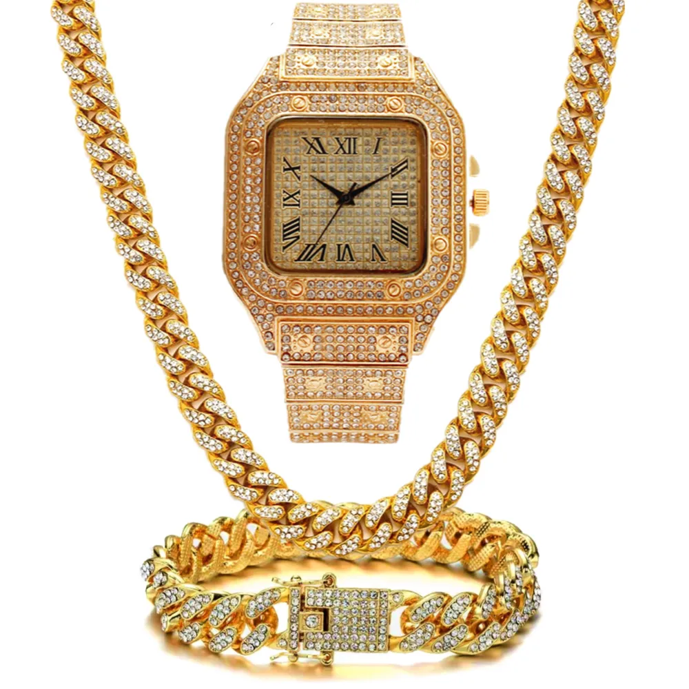 Catene Iced Out Catena Bling Miami Cuban Link Strass Orologio Collane Bracciale Donna Uomo Ciondolo Gioielli Hip Hop Choker_voghion.com