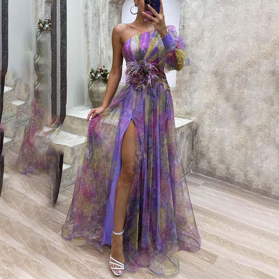 Nuevo vestido de fiesta con hombros oblicuos de malla para mujer, vestido informal de moda INS para mujer