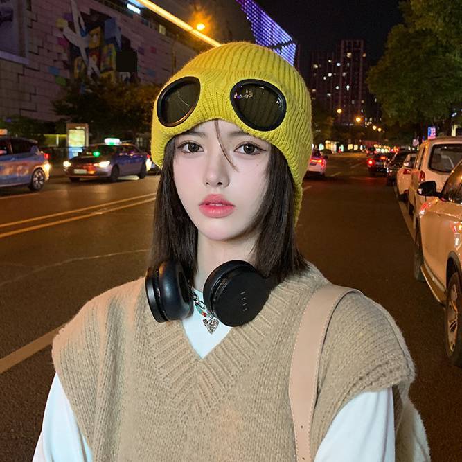 Women's Hats Winter Flight Sunglasses Knitted Hat Windproof Plus Velvet Warm Earmuffs Wool Hat Korean Style Fashion All Match Knitted Hat_voghion.com