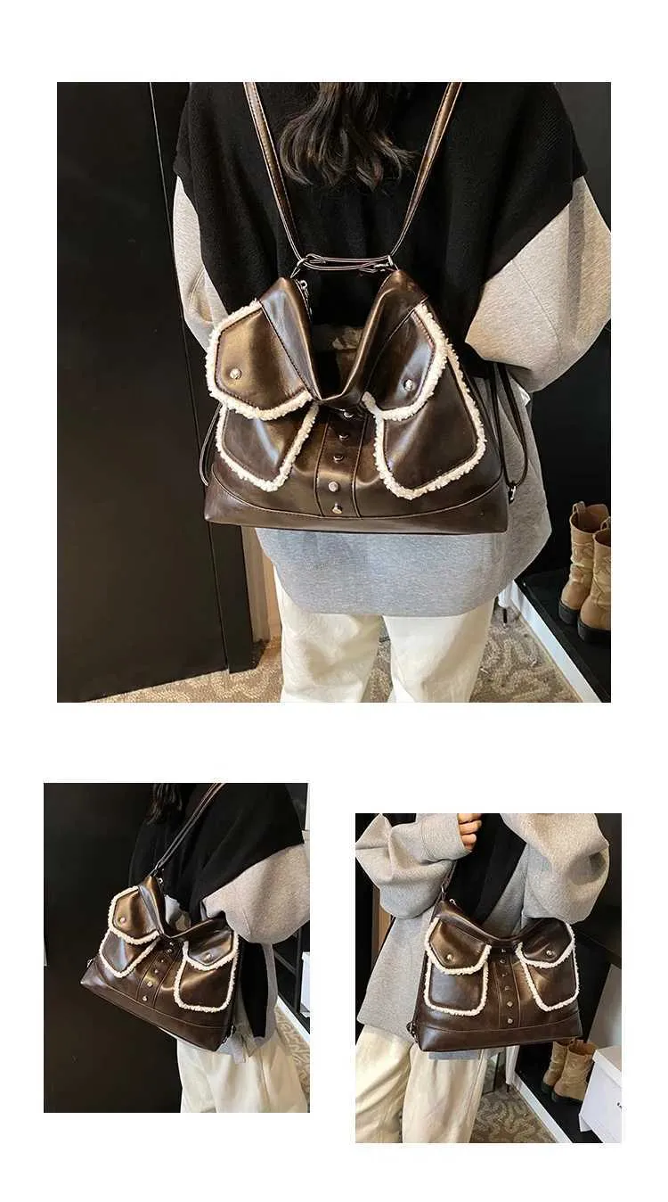 Sac à dos vintage en PU pour femme, sac à bandoulière carré en polaire d'agneau, grande capacité, fourre-tout décontracté pour les déplacements_voghion.com