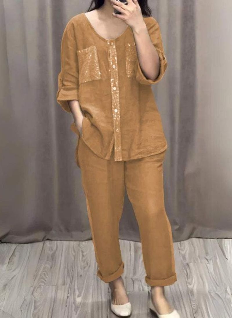 Women's clothing solid color cotton and en sequin two-piece suit_voghion.com