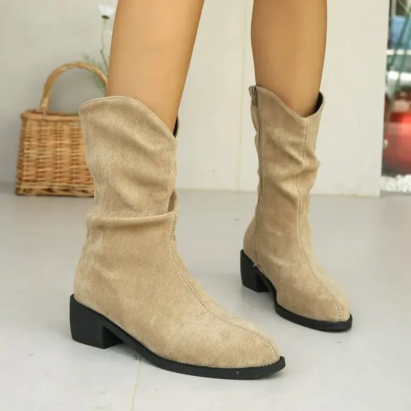Retro Women Western Cowgirl Fashion Pointed Toe Shoes Autumn Winter Low Heel Ladies Knight Mid Calf Boots Botas De Mujer_voghion.com