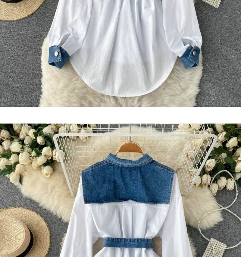 Women's Clothing polo collar denim two-piece long-sleeved shirt with a niche mid-length waist and chic top_voghion.com