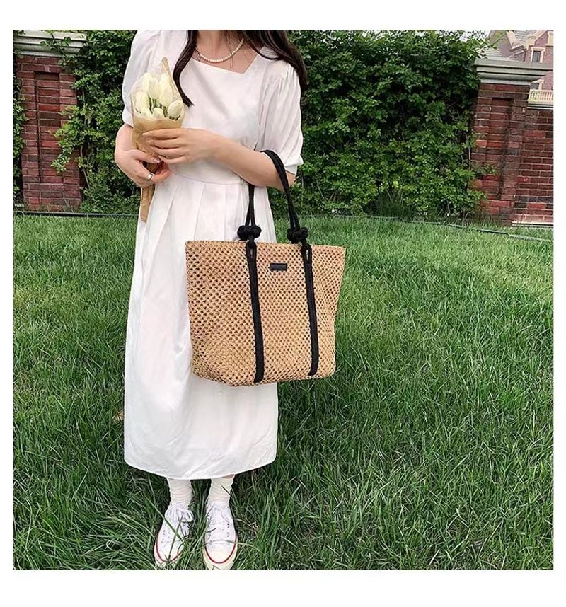Aushöhlen Papierseil große Kapazität Mode Schnalle einzelne Schulter Gras gewebte Damen Tasche Strandtasche_voghion.com