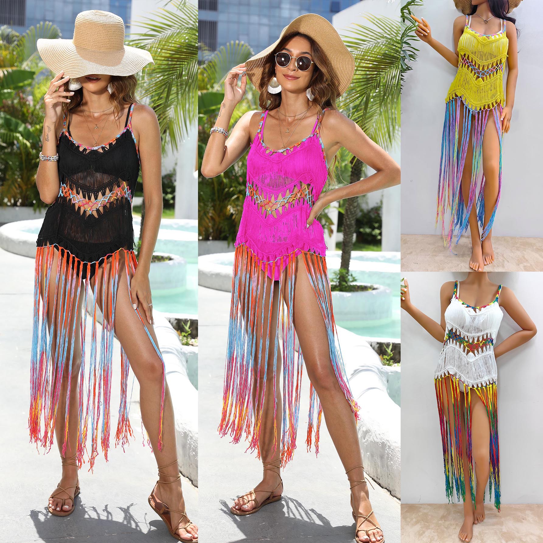 Women's Clothing Women's beach vacation blouse women's clothing pure hand-crocheted dyed tassel skirt random gradient suspender skirt_voghion.com