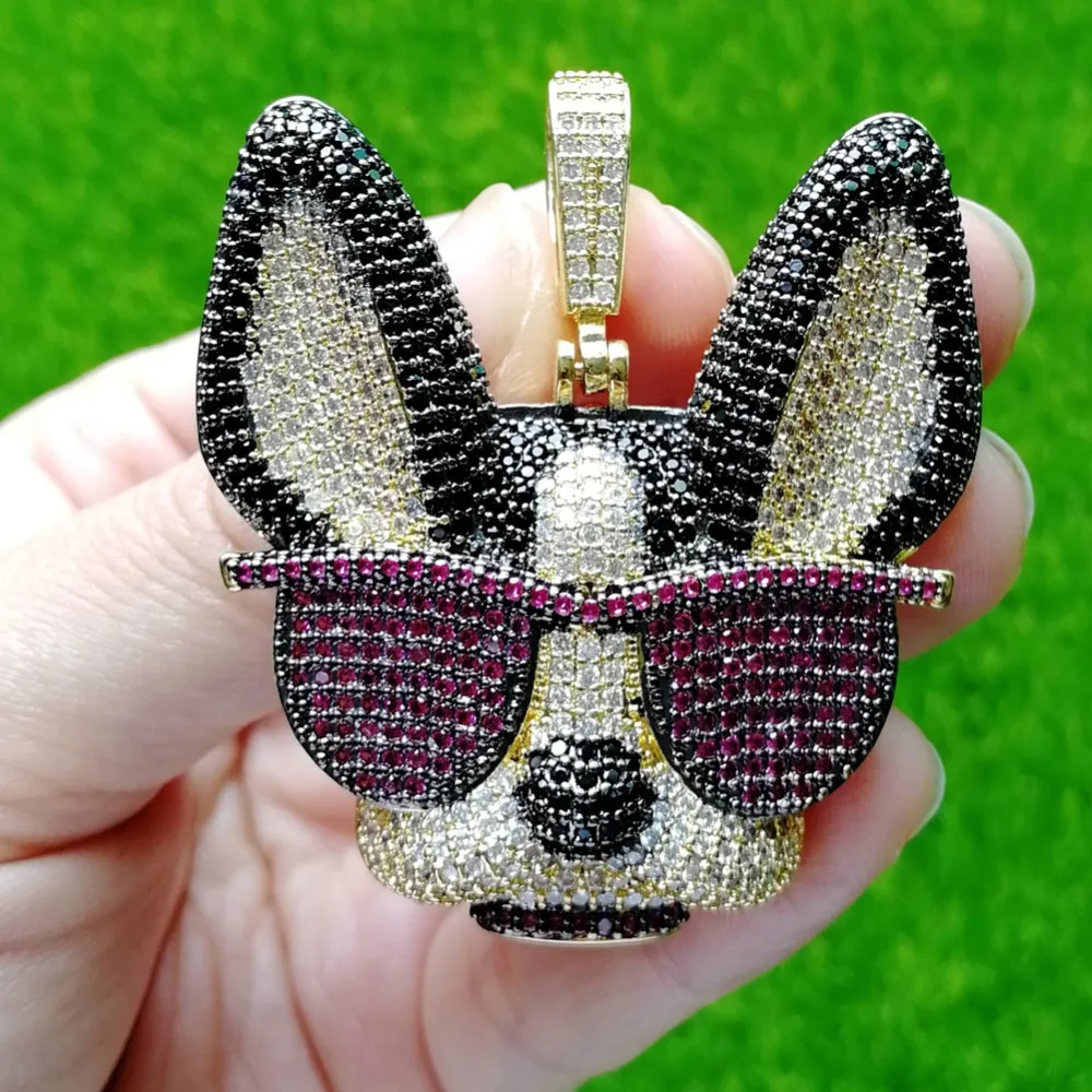Colgante de latón con circonita cúbica grande y diseño de perro ingenioso con gafas, collar de estilo hip hop helado para hombres y mujeres, joyería de fiesta, regalo CN1371_voghion.com