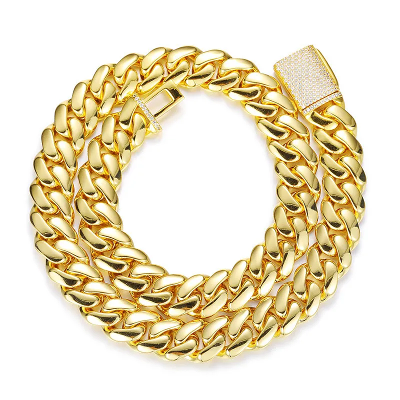 Hip Hop Miami Cuban Link Chain Halsketten Top Qualität Kupfer Echt Vergoldet Mikro Einsätze Sauber Diamant Verschluss Bling_voghion.com
