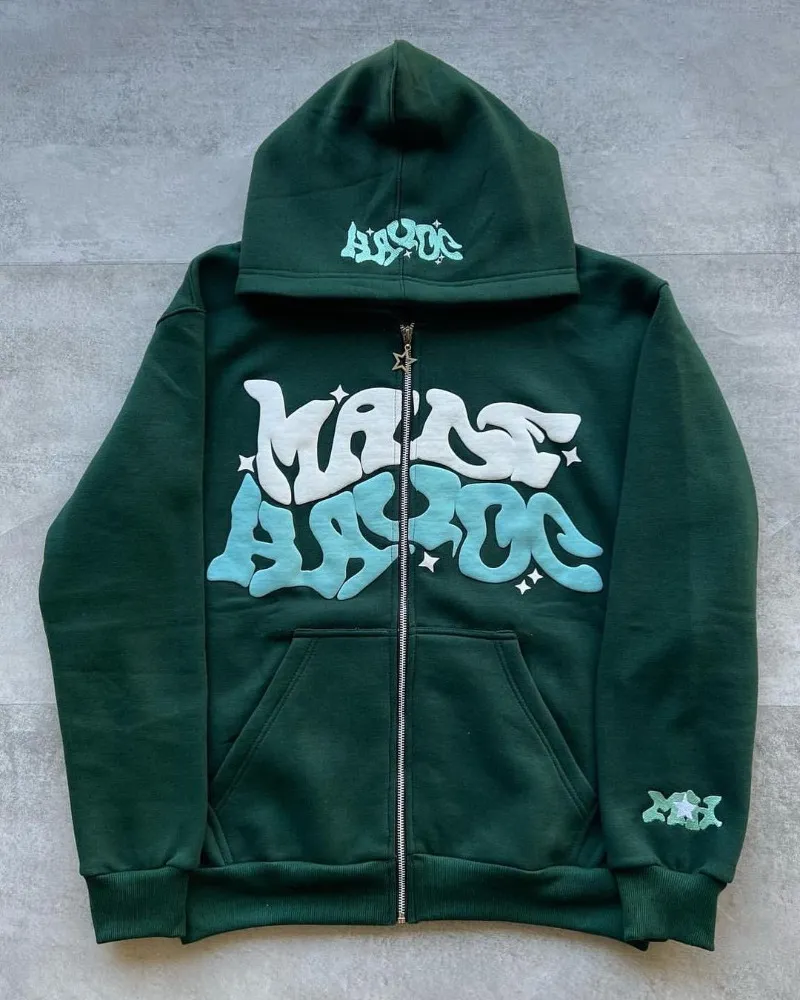 Moške puloverje s kapuco z retro črkovnim potiskom, ameriške ulične modne majice z zadrgo, prevelike puloverje z dolgimi rokavi in ​​hip hop jakno._voghion.com