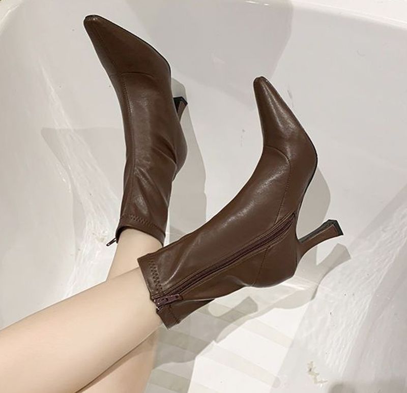 Schuhe Halbhohe Damenstiefel mit mittelhohem Absatz, braune Schuhe für Damen, mit Absätzen, elegant, wasserdicht, Winter 2023, Neuheit, schick_voghion.com