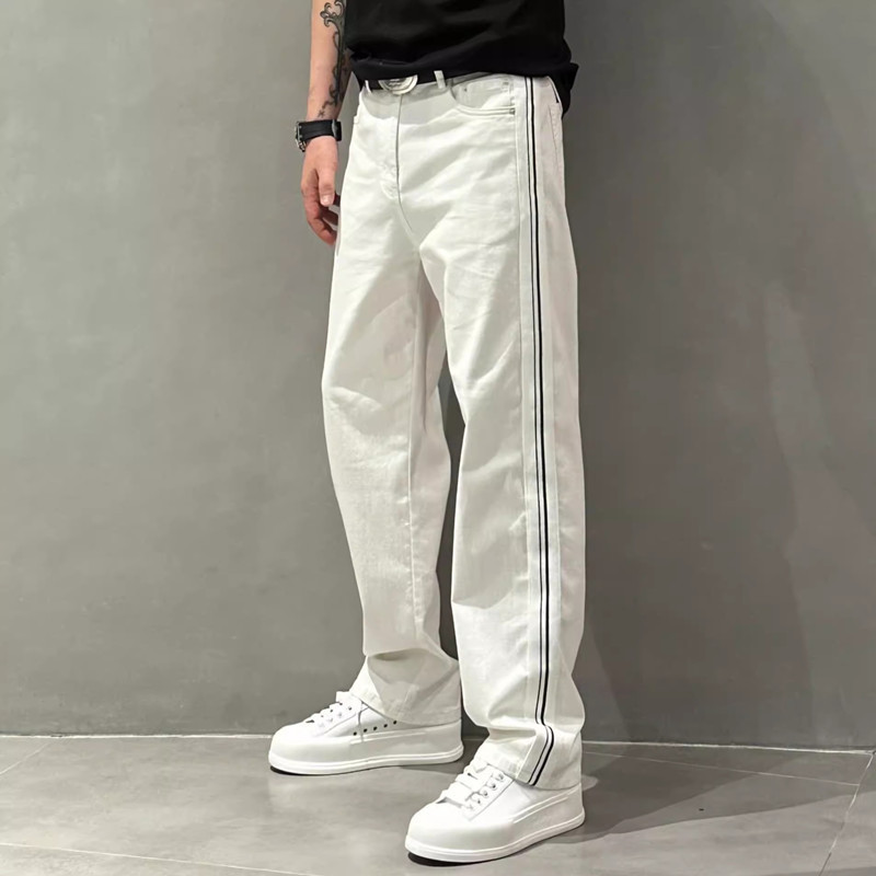 Men's Thin All-Match Wide-Leg Pants Men's Striped Stitching Straight Casual Pants Fashionable Loose White Jeans