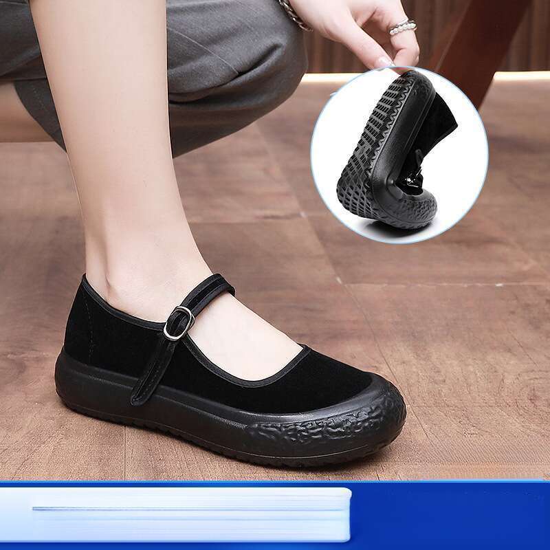 Sapatos de dança cerimonial de hotel com sola grossa feminina, sapatos de mãe, tecido preto_voghion.com