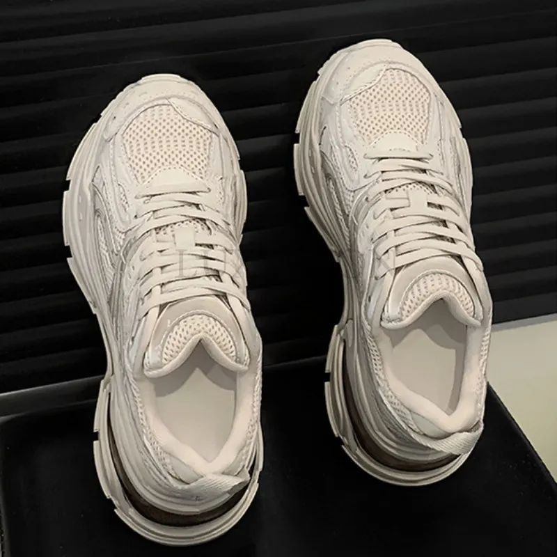 Genuine Leather Air Cushion Round Toe Thick Sole Dad With Mesh Surface For Comfortable Breathable Casual Sports Shoes_voghion.com