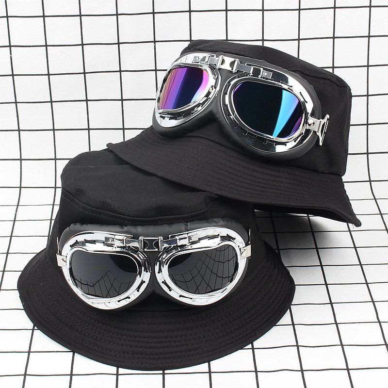 Occhiali da pilota personalizzati secchiello decorativo per uomo e donna cappello da bacino nero con parte superiore piatta alla moda di strada_voghion.com