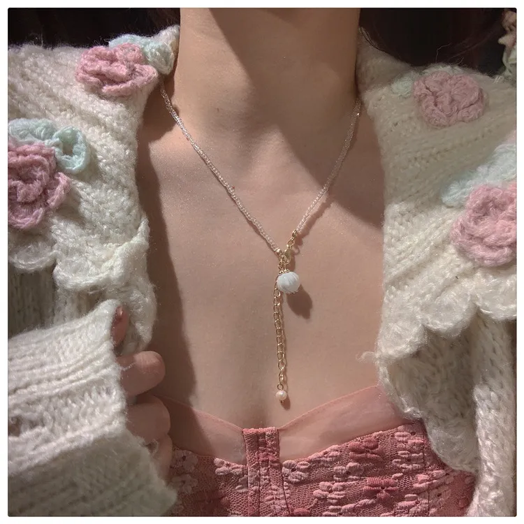 Colliers pendentifs Kawaii Cristal Fleur Bourgeon Collier de perles Doux et mignon Chaîne de clavicule sauvage Tempérament simple_voghion.com