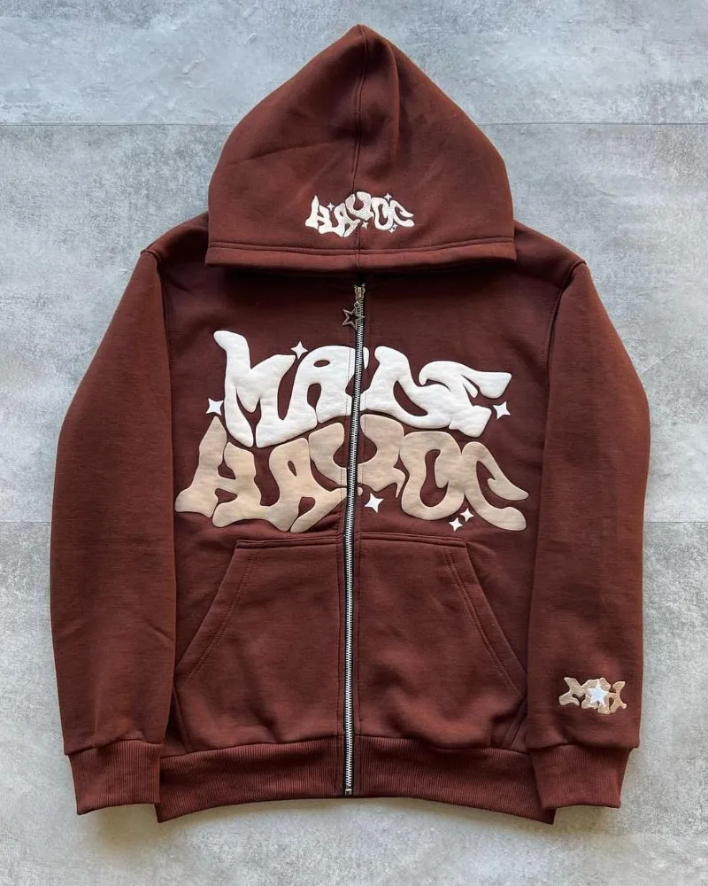 Moške puloverje s kapuco z retro črkovnim potiskom, ameriške ulične modne majice z zadrgo, prevelike puloverje z dolgimi rokavi in ​​hip hop jakno._voghion.com