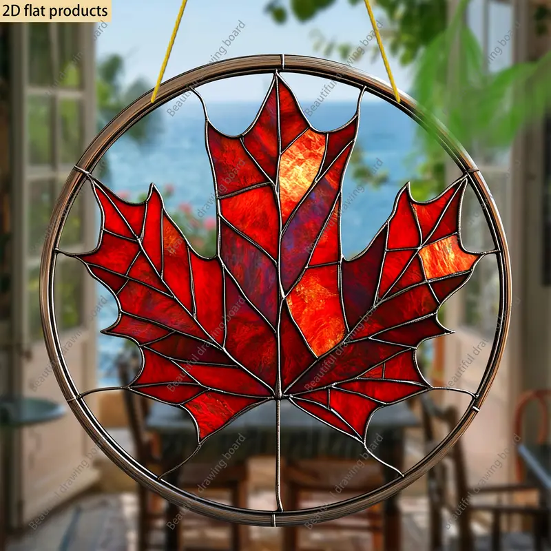 Maple Leaf Suncatcher, 8"x8" Round Acrylic Sign. Spring, Everyday, Housewarming Gift. Wreath Centerpiece, Window/Porch/Wall/Home/Garden Decor._voghion.com