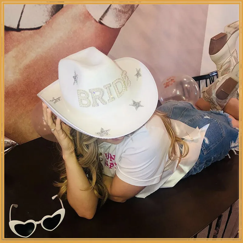 Chapeaux à large bord blanc Dia Fringe Bride Cowgirl Hat Mme Cowboy Bridesmaid Gift Bridal Summer Country Western HatWide_voghion.com