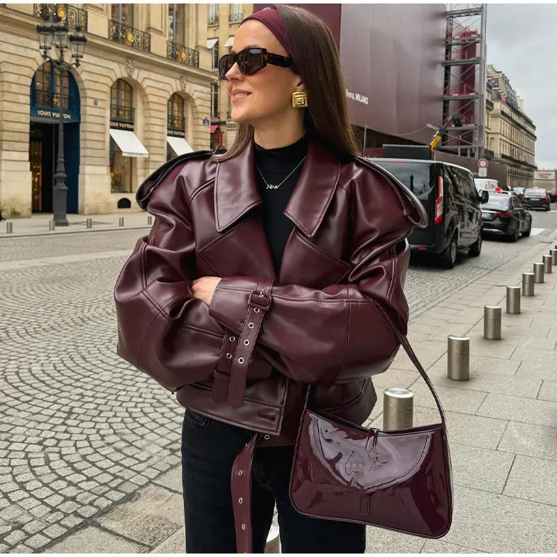 Women's Clothing 2024 spring women's leather jacket personality street PU lapel adjustable cuffs retro motorcycle jacket