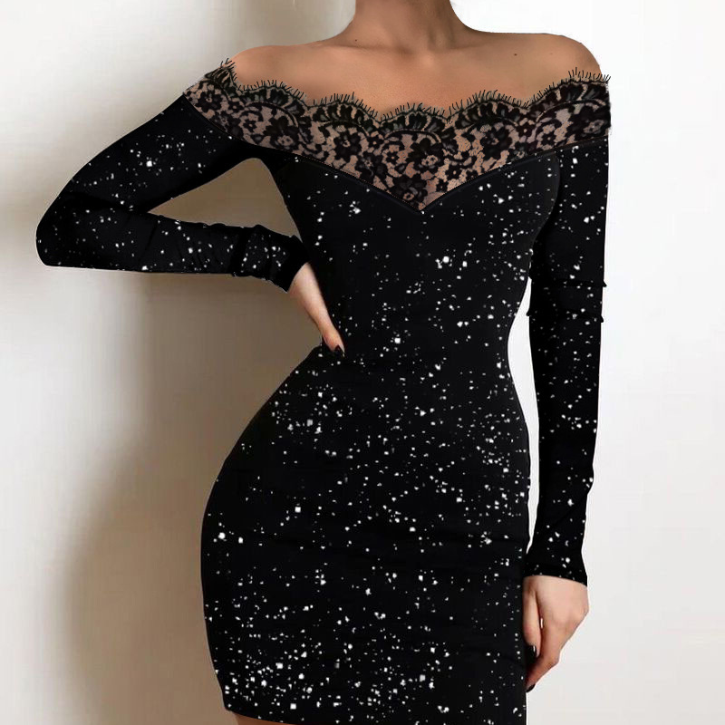 Women's Clothing Lace One Shoulder Dress Hollow Flash Highlights Stretch Fabric Hip Cover Skirt
