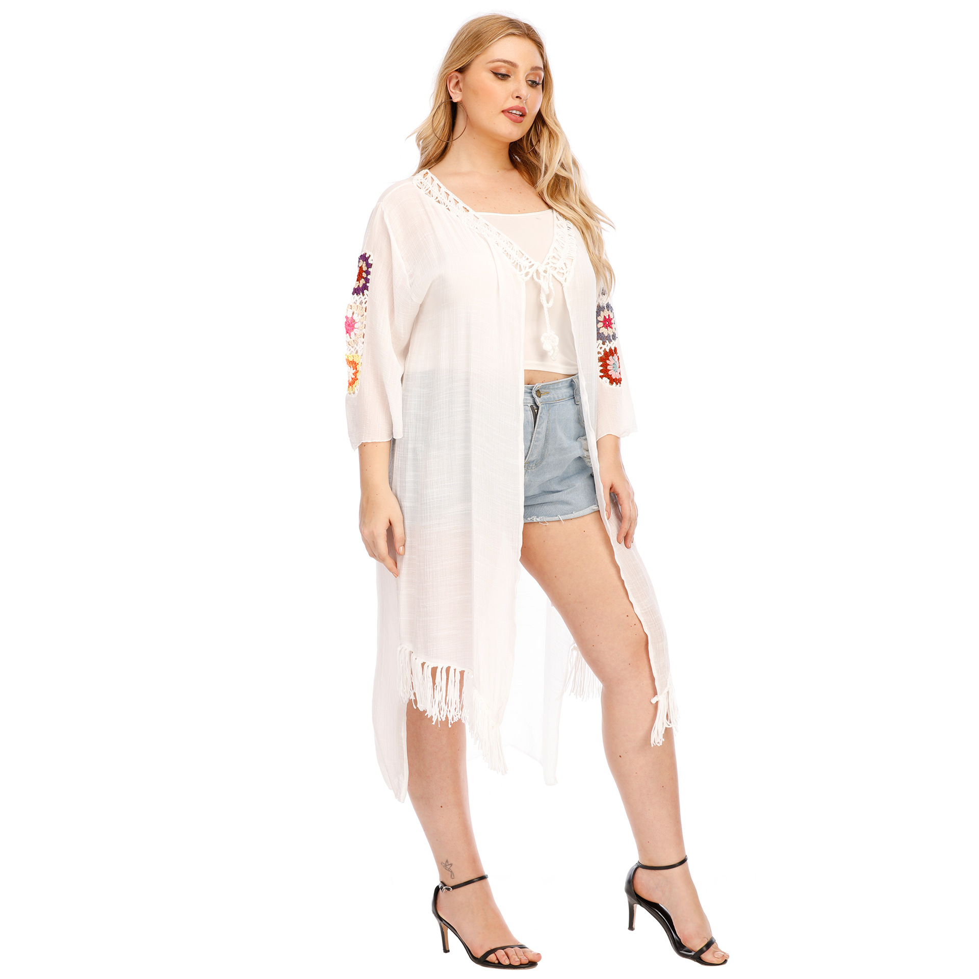 abbigliamento da donna di grandi dimensioni lavorato a mano all'uncinetto con giunture di fiori, nappa irregolare, spallina, protezione solare, cardigan_voghion.com