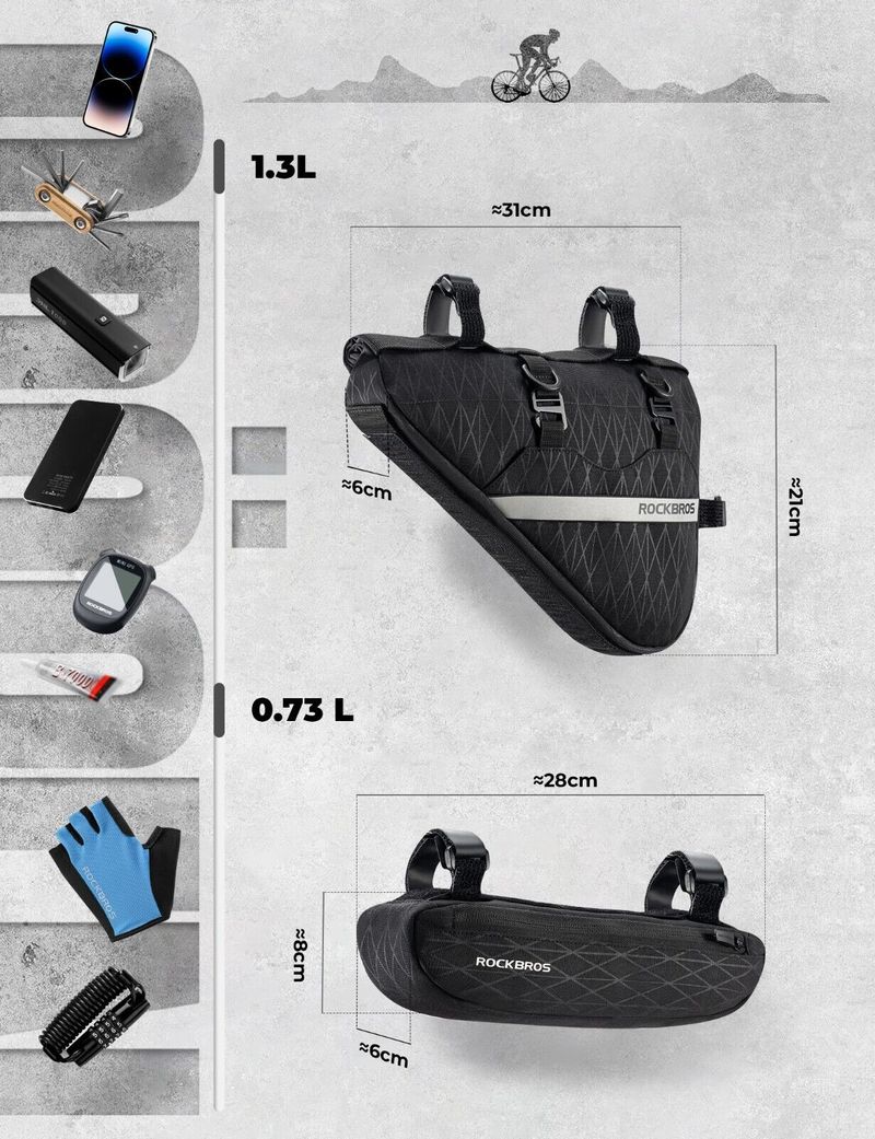 ROCKBROS Geantă pentru ghidon și cadru de bicicletă, 1,3 l + 0,7 l, 2 în 1, geantă pentru biciclete de șosea_voghion.com