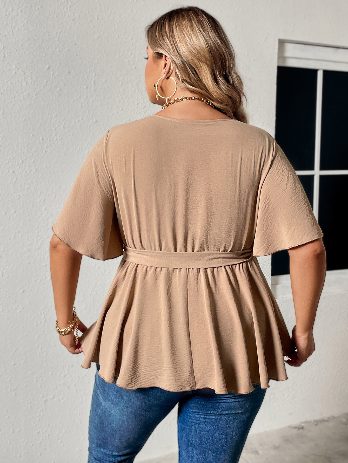 Damen V-Ausschnëtt Schlankheets-Tops fir grouss Gréissten MM Casual Damen_voghion.com