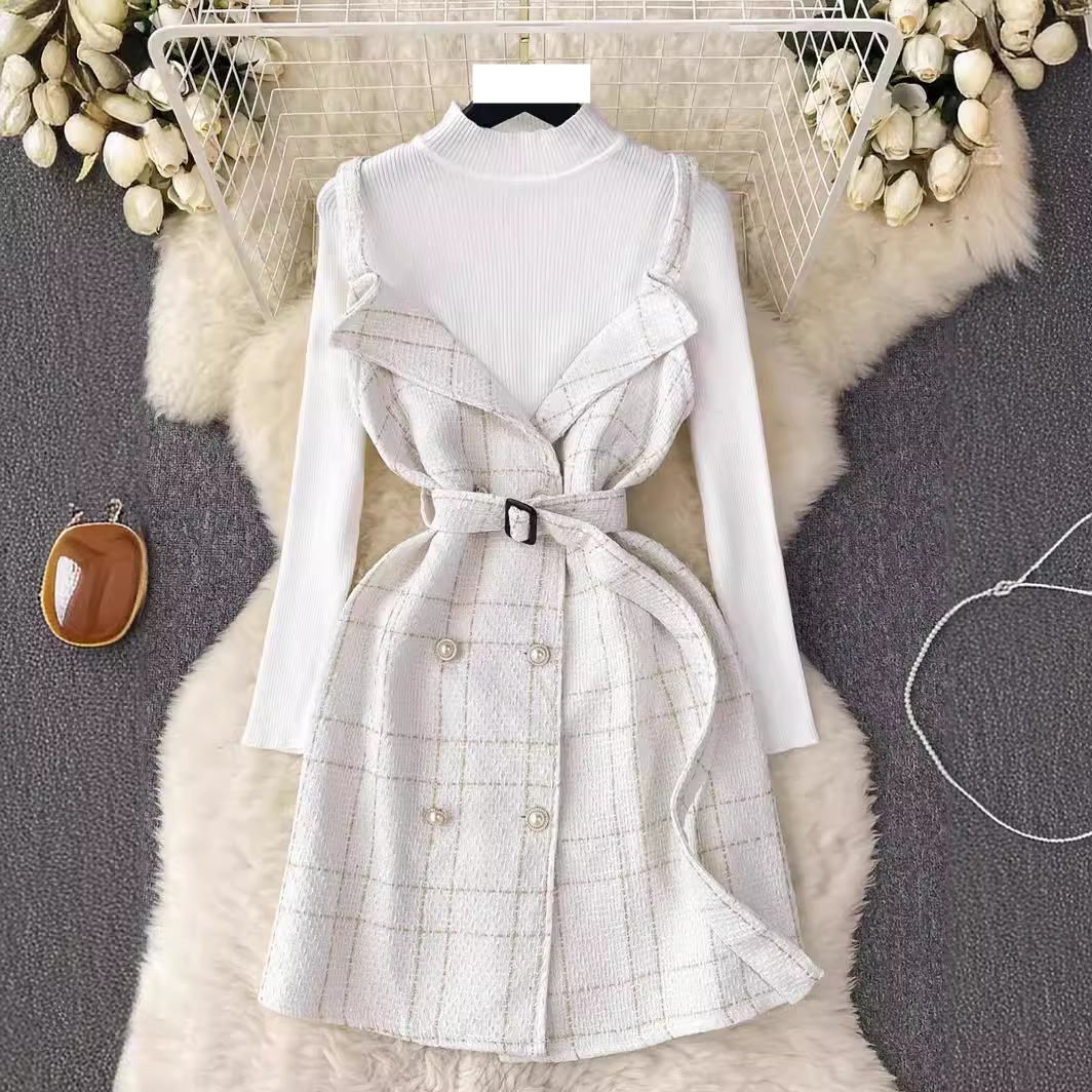 Women's retro celebrity style double-breasted waist suspender dress with knitted sweater suit skirt