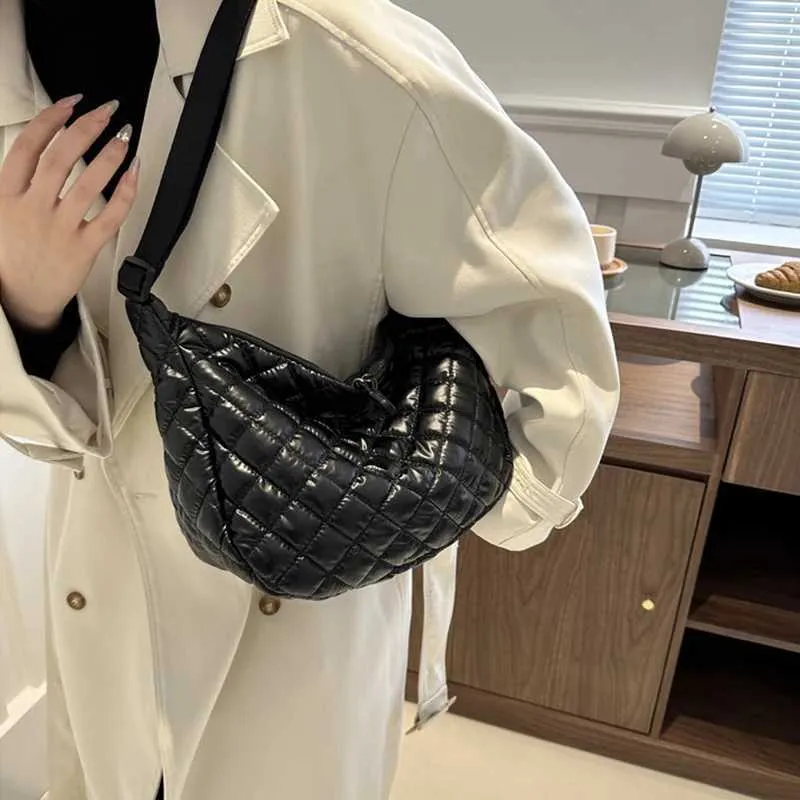 Borsa a tracolla in cotone spaziale, alla moda, hobo, con motivo a reticolo, borse a mano di grande capacità, per le donne_voghion.com