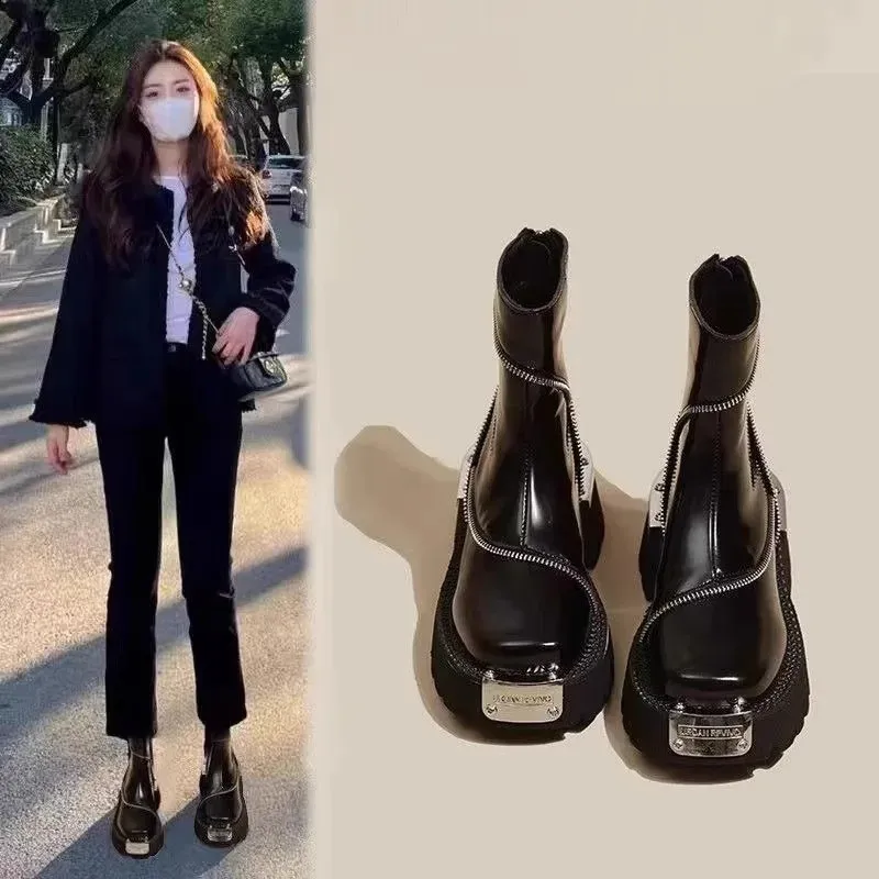 Schuhe für Damen Hochwertige schwarze Damenstiefel Street Fashion runde Zehenpartie Damen rutschfeste Thicoled Gothic 240723_voghion.com