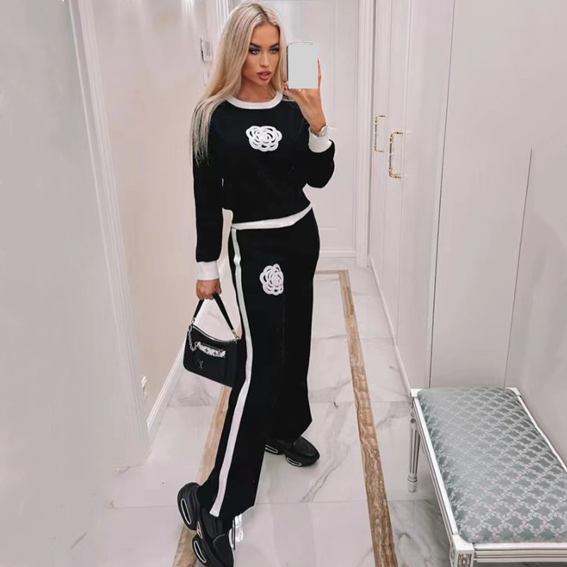 Vêtements pour femmes camélia costume décontracté style à la mode pour femmes pantalon large en tricot ensemble deux pièces en laine
