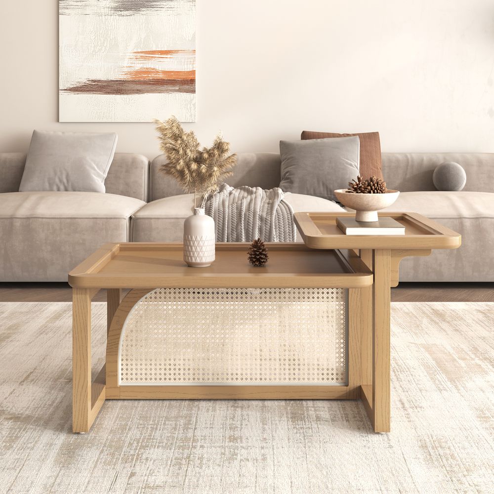 Modern 2 Piece Nesting Rattan Wood+ MDF Coffee Table Set In Natural_voghion.com