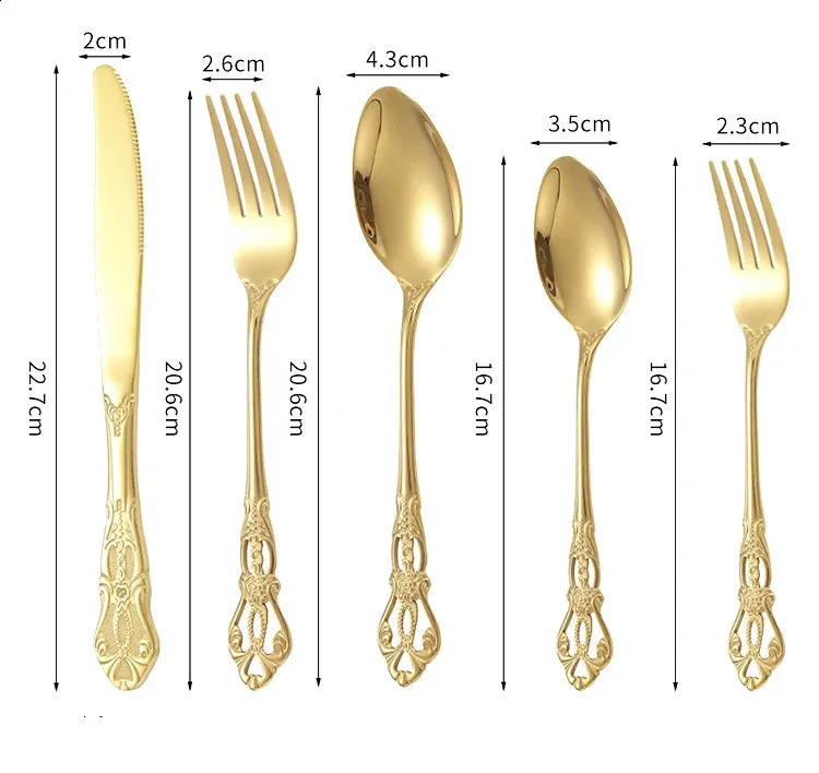 Conjunto de talheres de aço inoxidável dourado, colher, garfo e faca de bife europeus, retrô, oco, louça, talheres_voghion.com