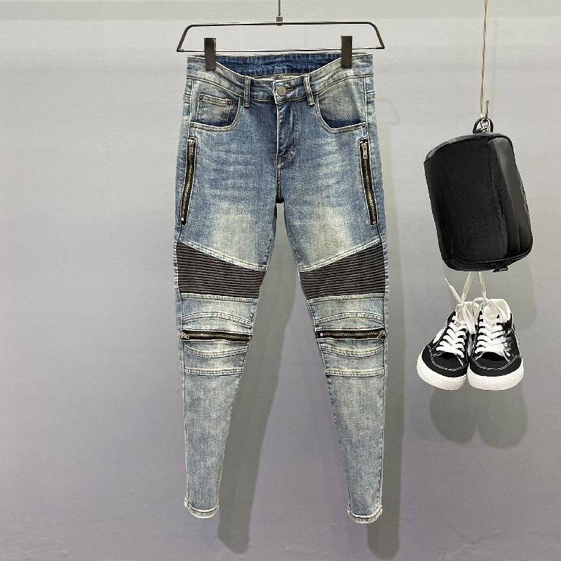 Men's Clothing Zipper Stitching Motorcycle Jeans Men's Slim Fitting Skinny Pants Nine Point Pants Washed Light Retro Old Spring And Autumn Trend
