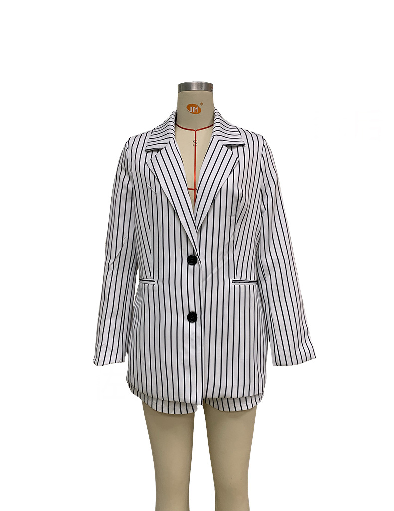 Women's Fashion Temperament Printed Striped Long-sleeved Jacket And Shorts Two-piece Set_voghion.com