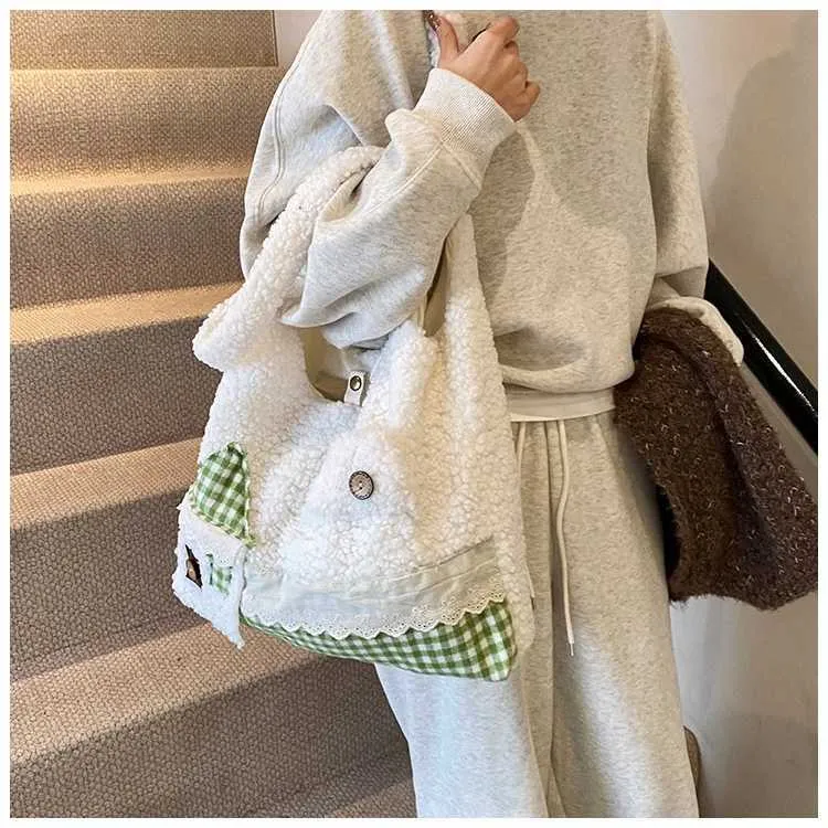 Womens Cute Fleece Patchwork Cartoon Pattern Solid Plush Shoudler Bag Large Capacity Female Commute Veet Handle_voghion.com