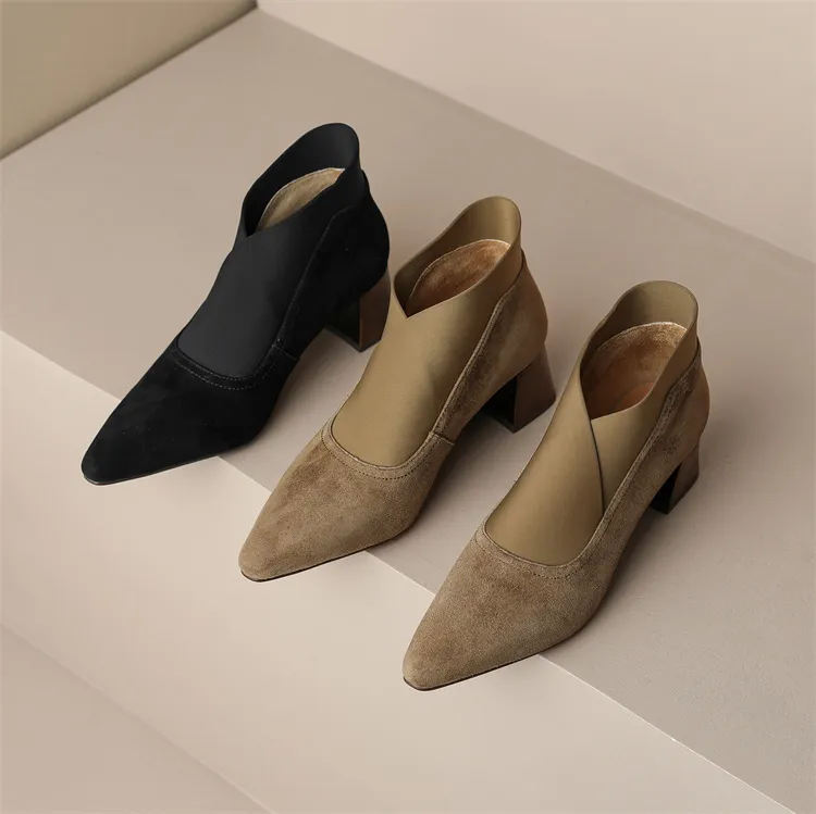 2024 New Spring Square Toe Women Pumps High Women's Heels Party Shoes Retro Kid Suede D074_voghion.com