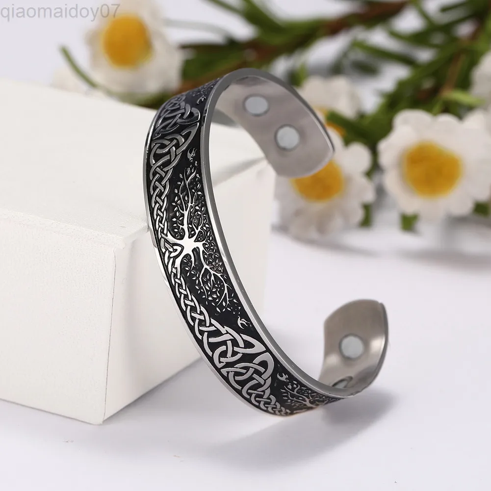 Skyrim Viking Bangle Endless Love Buttons Tree of Life Birds Stainless Steel Cuff Magnetic Therapy Bracelet Men Women_voghion.com