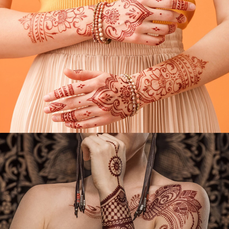 1PC Indian Lace Tattoo Stickers Red Brown Waterproof Semi-permanent Henna Tattoo Stickers Replaceable Tattoo Stickers_voghion.com