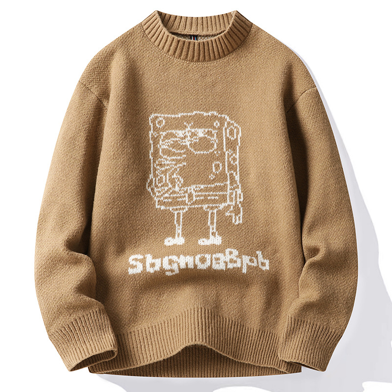 Sweater men's round neck autumn/winter 2022 new loose fitting youth knitted cartoon outerwear bottom sweater student top_voghion.com