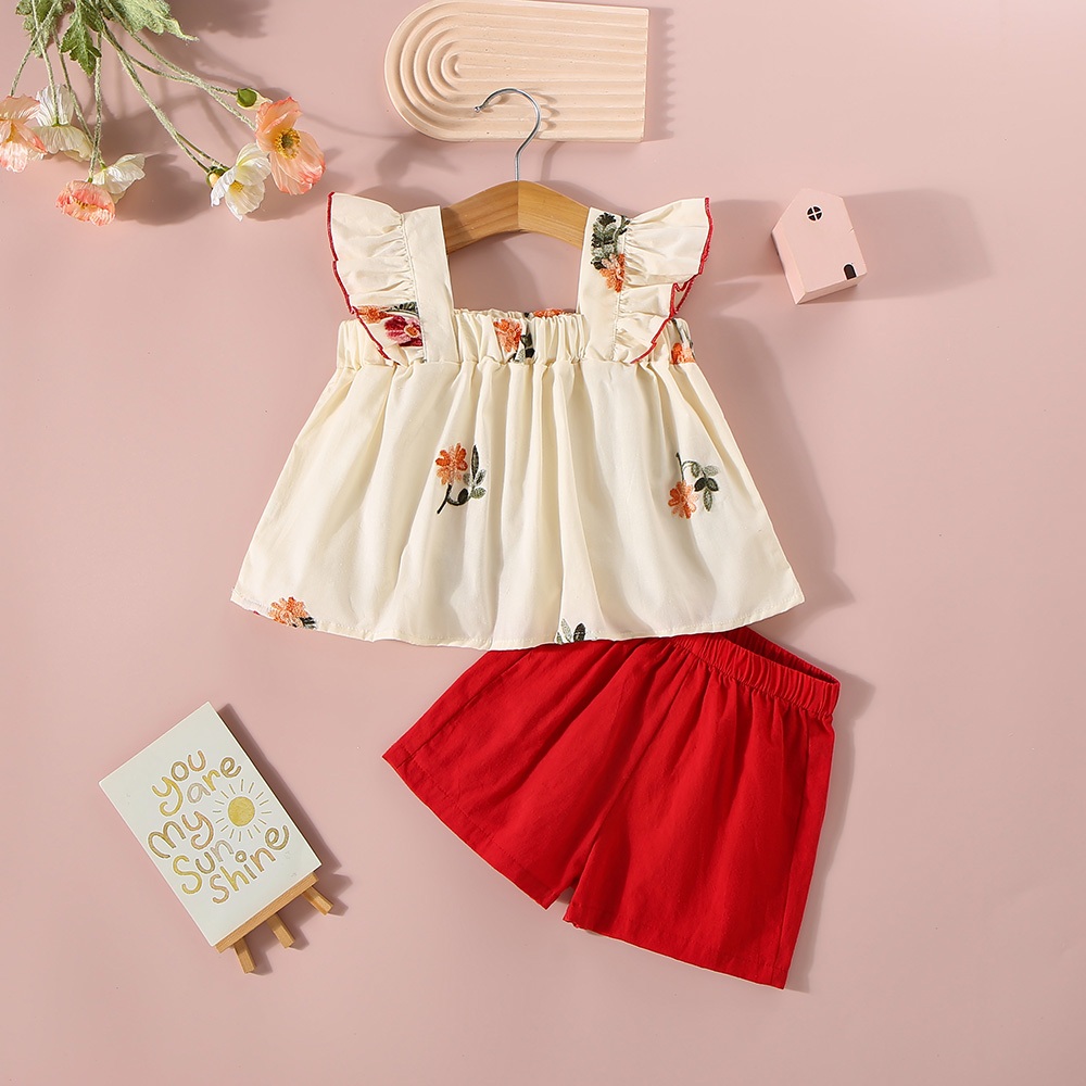 New Baby Girl Cotton Clothes Set Flower Embroidered Top+Red Shorts Summer Kids Clothes_voghion.com