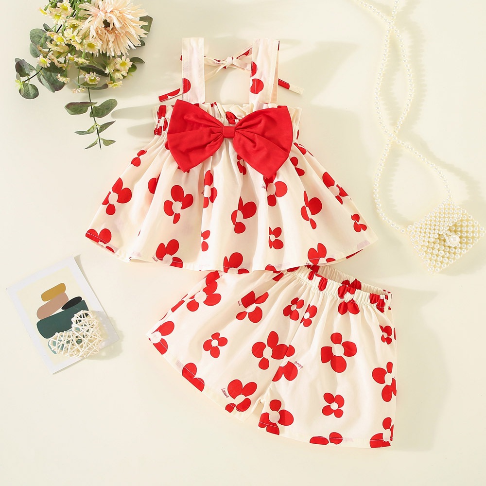 Baby Girl Set 2 Stéck Blummen Hosenträger Baby 0-3 Joer Koreanesche Stil Schleif Atmungsaktiv Babykostüm_voghion.com