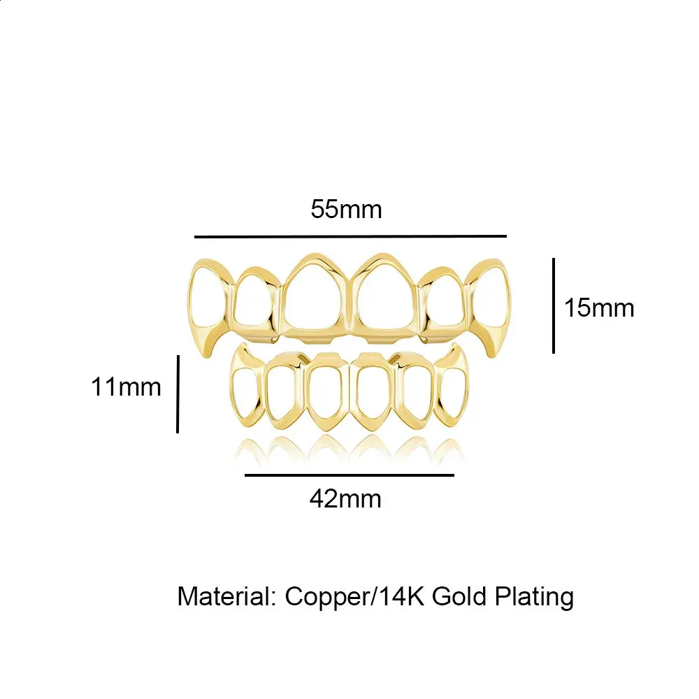 RACHELZ Fashion 6/6 Denti completamente cavi 14K placcati oro Dentiere Decor Bretelle Zanne Griglie dentali per uomo Donna Gioielli_voghion.com