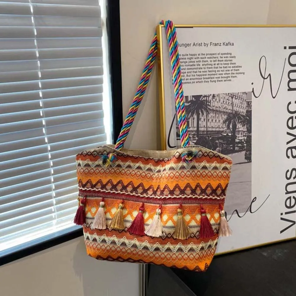 Stripe Ethnic Shoulder Tassel Large Capacity Canvas Colorful Handbag Travel Storage Bag Korean Style_voghion.com