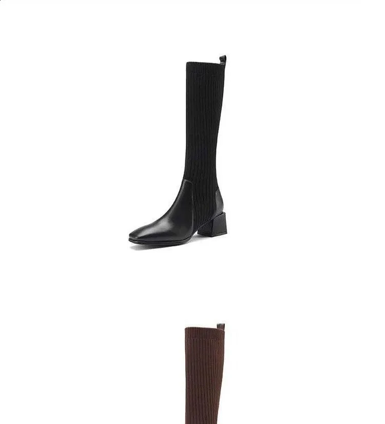 Knee Thick High Socks Winter Womens Long Boots Elegant Autumn Brown Wedge Elastic 241116_voghion.com