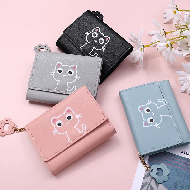 Damen süße Katze kurze Brieftasche Leder kleine Geldbörse Multi-Kartenhalter Geldbeutel_voghion.com