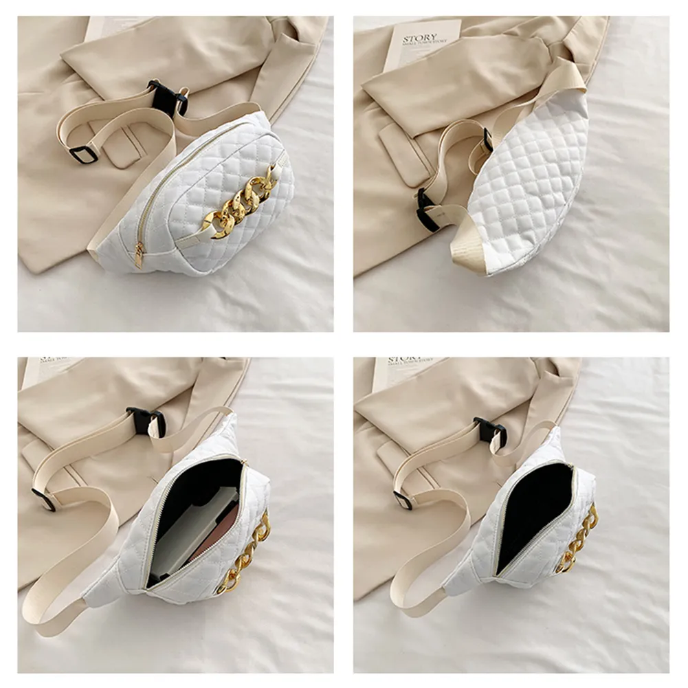 Bolsa tiracolo acolchoada com corrente grossa, casual, alça ajustável, simples e portátil para fim de semana_voghion.com